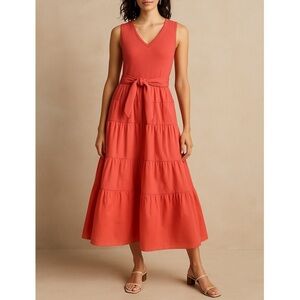 Jason Wu Coral Sleeveless Knit Bodice Tiered Cotton Poplin Midi Dress XS